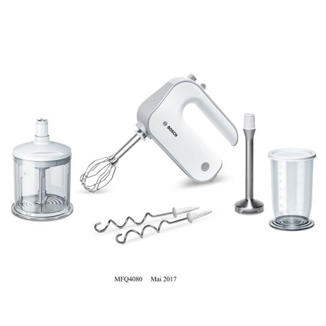 Mixer Bosch MFQ4080, 5 viteze+Turbo/Puls, XL chopper, picior blender din inox, vas mixare cu gradatii si capac, Alb/Gri