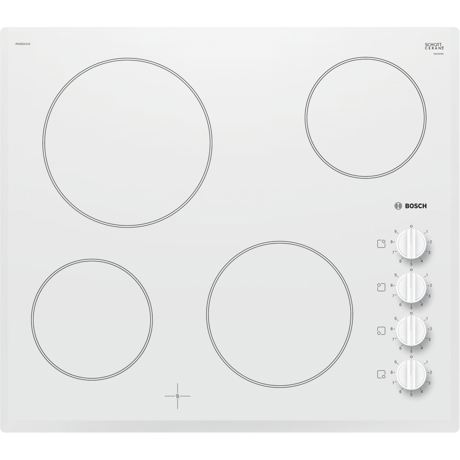 Plită incorporabilă Bosch Serie 2 PKE652CA1E, 60 cm, Vitroceramica, 4 zone electrice HighSpeed, Butoane laterale, Alba