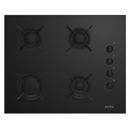 Plita incorporabila Arctic ARNGN64127SB, Gaz, Control butoane, 4 arzatoare, Aprindere integrata, Siguranta plita-Safety Plus, Suporturi vase email, L 65 cm, Sticla neagra