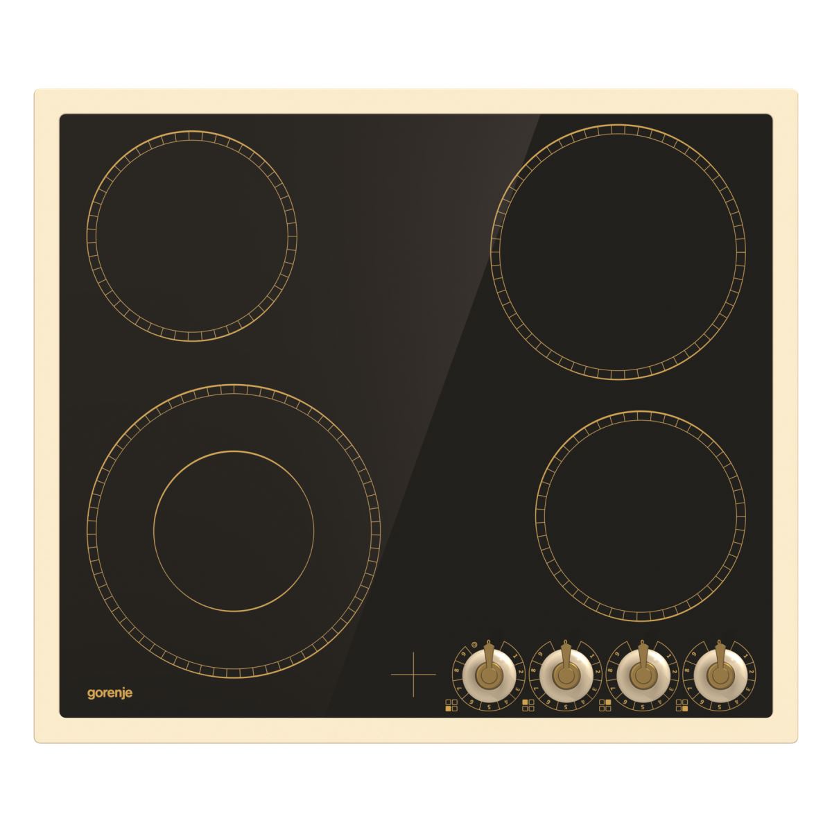 Plita incorporabila Gorenje Il Classico EC642CLI Vitroceramica, 60 cm, 4 zone electrice (1 dubla), Neagra cu accente bej