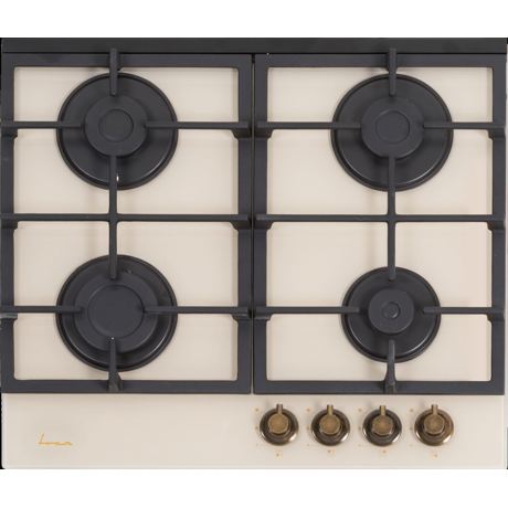 Plita incorporabila Fram FBH-S4IWF-GRBG, Gaz, 4 arzatoare,  Aprindere electrica, Siguranta gaz, Gratar fonta, 60 cm, Design rustic, Sticla crem