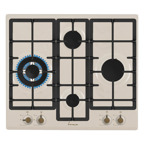Plita incorporabila Fram FBH-S4IWF-RBG, Gaz, 4 arzatoare (1 Wok), Aprindere electrica, Siguranta plita, Gratar fonta, 60 cm, Rustic crem