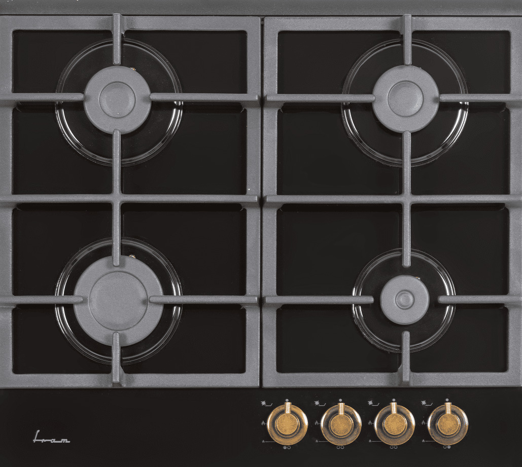 Plita incorporabila Fram FBH-S4IWF-GRBK, Gaz, 4 arzatoare, Aprindere electrica, Siguranta plite, Gratar fonta, 60 cm, Design rustic, Sticla neagra