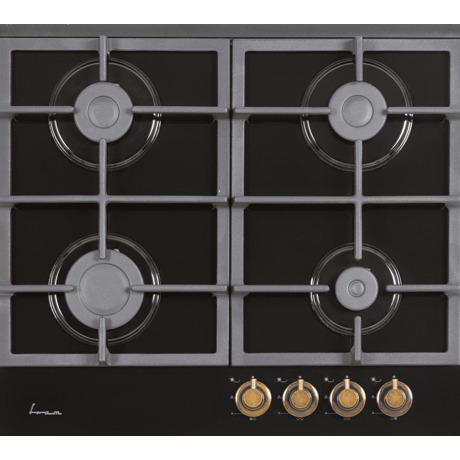 Plita incorporabila Fram FBH-S4IWF-GRBK, Gaz, 4 arzatoare, Aprindere electrica, Siguranta plite, Gratar fonta, 60 cm, Design rustic, Sticla neagra
