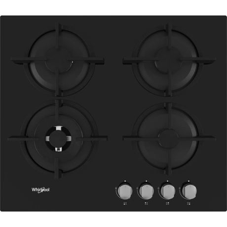 Plita incorporabila Whirlpool GOR625NB, Gaz, 4 arzatoare, Gratare de fonta, Aprindere electrica, 60 cm, Sticla neagra