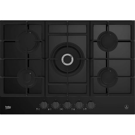Plita incorporabila Beko HILW75325SDX, 5 arzatoare gaz, Arzator Wok, Flame Adjust, Aprindere integrata, Siguranta flacara, 75 cm, Sticla neagra
