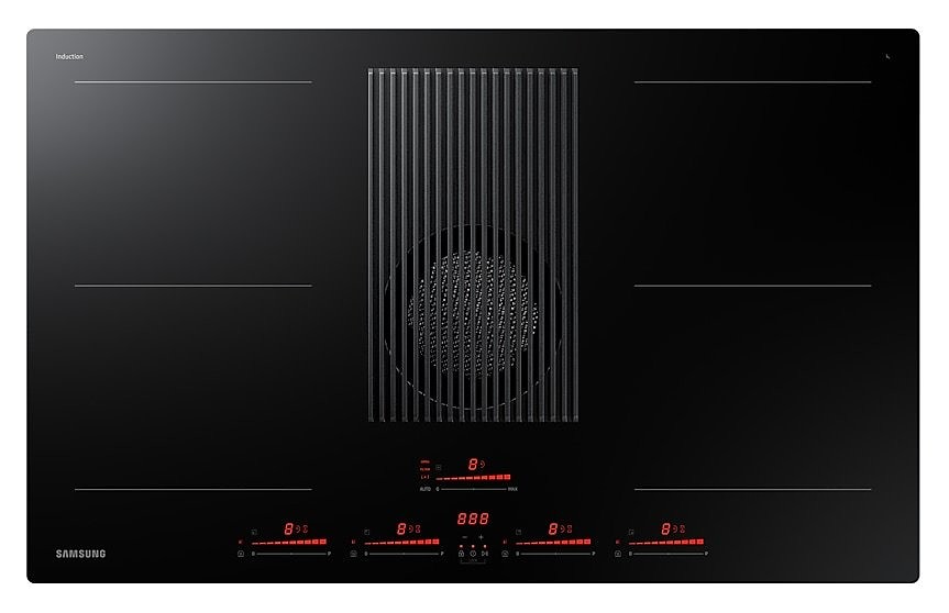 Plita incorporabila Samsung cu hota integrata NZ84T9747VK/UR, Inductie, 4 zone de gatit, 575 m3/h, Dual Flex Zone, Slide Touch Control, 15 trepte putere+Boost, Flex Zone, 83 cm, Negru