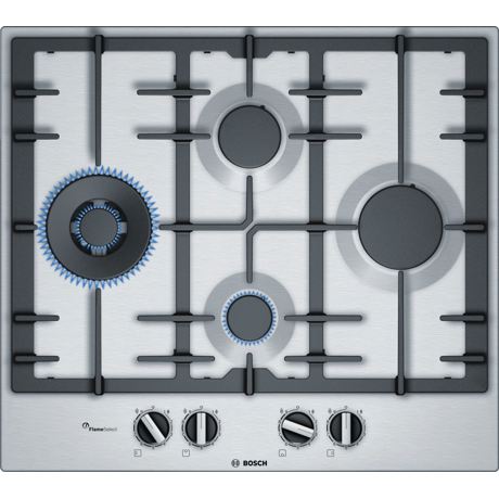 Plita incorporabila Bosch PCI6A5B90, Serie 6, 60 cm, inox, plita pe gaz cu tehnologie FlameSelect, 4 arzatoare, 1 WOK, suport din fonta