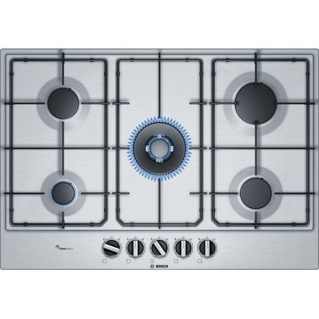 Plita incorporabila Bosch PCQ7A5B80, Serie 6, 75 cm, inox, plita pe gaz cu tehnologie FlameSelect, 5 arzatoare, 1 WOK