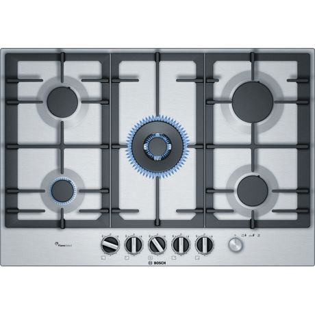 Plita incorporabila Bosch PCR7A5M90, Serie 6, 75 cm, inox,plita pe gaz cu tehnologie FlameSelect, 5 arzatoare, 1 WOK, suporturi din fonta