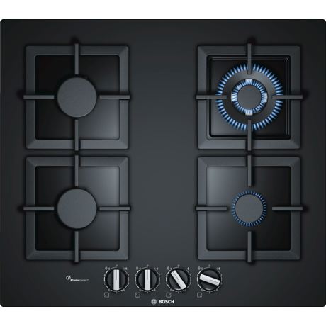 Plita incorporabila Bosch PPH6A6B20, Serie 6, 60 cm, sticla neagra, plita pe gaz cu tehnologie FlameSelect, 4 arzatoare, 1 WOK, suporturi independente din fonta