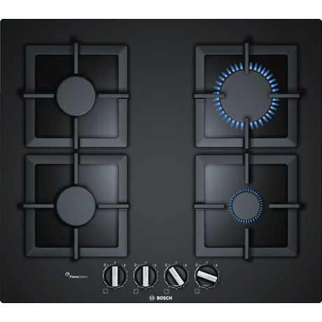 Plita incorporabila Bosch PPP6A6B20, Serie 6, 60 cm, sticla neagra, plita pe gaz cu tehnologie FlameSelect, 4 arzatoare, suporturi independente din fonta