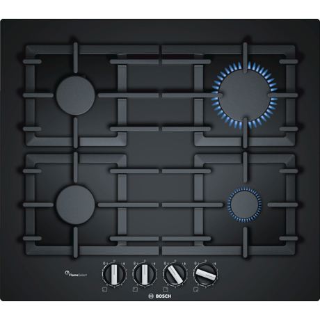 Plita incorporabila Bosch PPP6A6B90, Serie 6, 60 cm, sticla neagra, plita pe gaz cu tehnologie FlameSelect, 4 arzatoare, suporturi din fonta