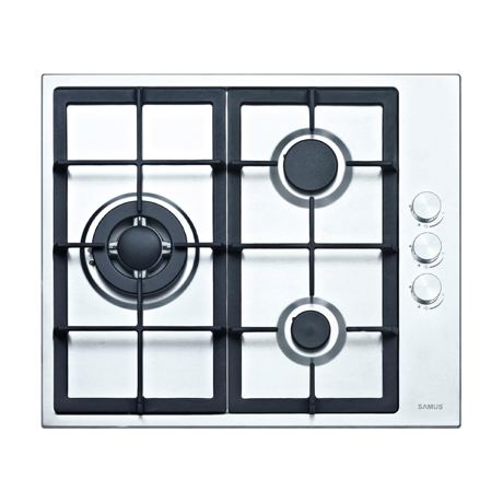 Plită incorporabilă Samus PSG-PSG-63SX1, Gaz, 3 arzătoare, Grătare fontă, Sisteme siguranţă flacără, Aprindere electrică, 58 cm, Inox