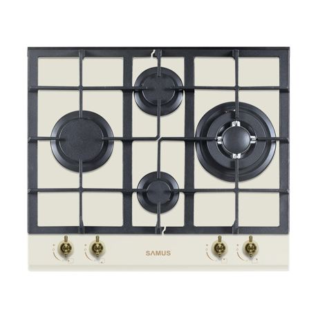 Plită incorporabilă Samus PSG-64VG1, Gaz, 4 arzătoare, Grătare fontă, Sisteme siguranţă flacără, Aprindere electrică, 58 cm, Design rustic, Sticlă bej