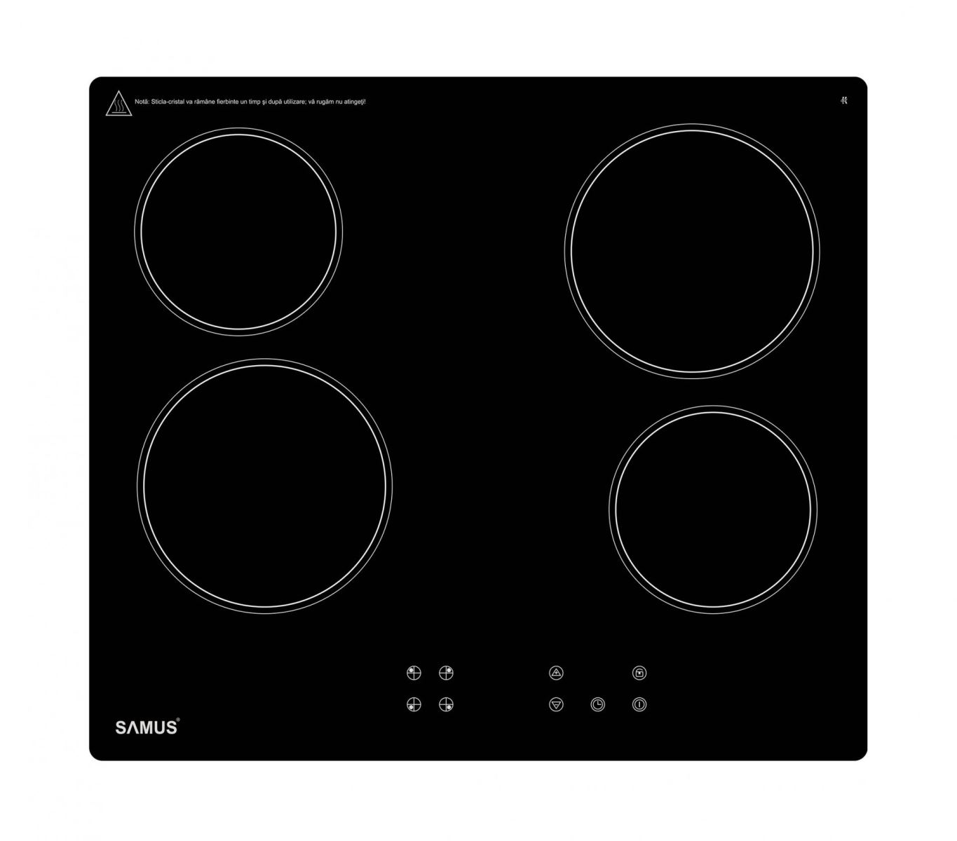 Plita incorporabila Samus PSV-64BG1, 4 zone de gatit, Touch control, 9 setari putere, Timer, Blocare acces copii, L 60 cm, Vitroceramica, Negru