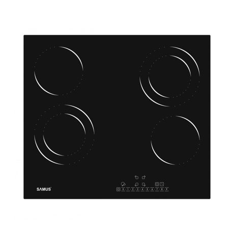 Plita incorporabila Samus PSVM-64BG6, 4 zone de gatit, Touch control, 9 setari putere, Timer, Blocare acces copii, L 60 cm, Vitroceramica, Negru