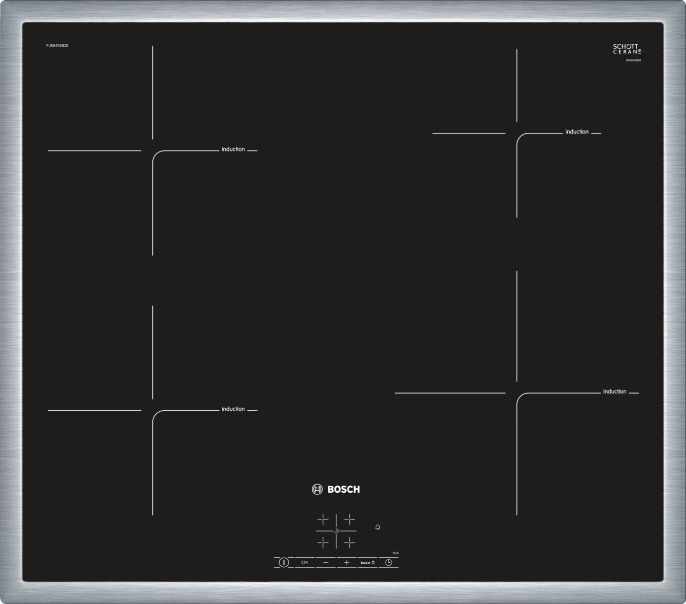Plita incorporabila Bosch PUE645BB2E, Serie 4, 60 cm, plita vitroceramica cu inductie, control TouchSelect, 4 zone de gatit prin inductie, PowerBoost, rama design