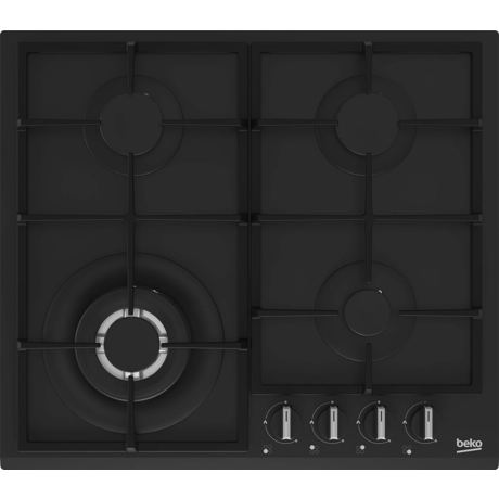 Plita incorporabila Beko HIYG64225SBO, 4 arzatoare, Arzator Wok, Gaz, Siguranta flacara, Gratare fonta, Aprindere integrata, 59 cm, Negru