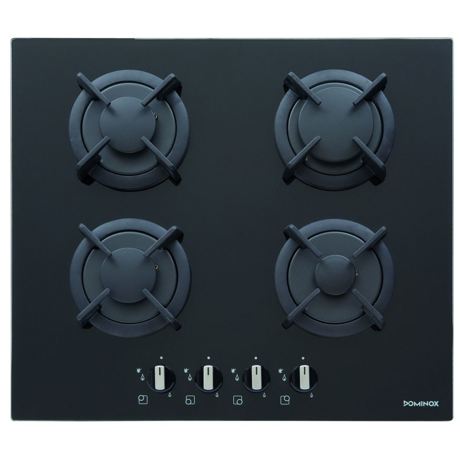 Plita incorporabila Dominox DHG 4 4 GAV BK F C 106.0252.877, 4 arzatoare gaz, 60cm, Aprindere electronica la buton, Valva de siguranta, Arzatoare si gratare fonta, Sticla neagra