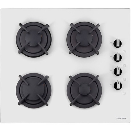 Plita incorporabila Dominox DHG 4 4 GAV WH S C 106.0321.404, 4 arzatoare gaz, 60cm, Aprindere electronica la buton, Valva de siguranta, Arzatoare si gratare fonta, Sticla alba