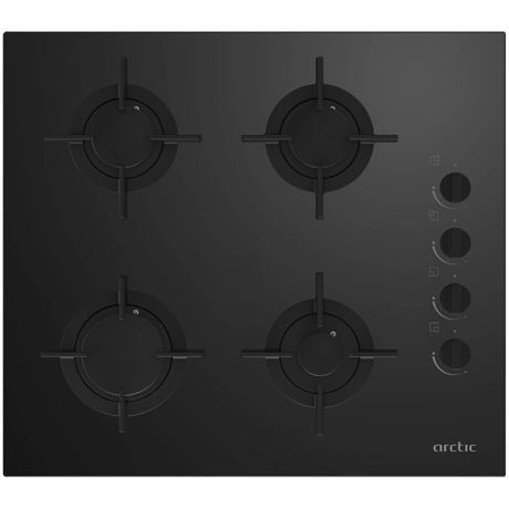 Plita incorporabila Arctic ARSGN64125S, 4 arzatoare gaz, 60 cm, Aprindere integrata, Safety Plus, Gratare fonta, Sticla neagra
