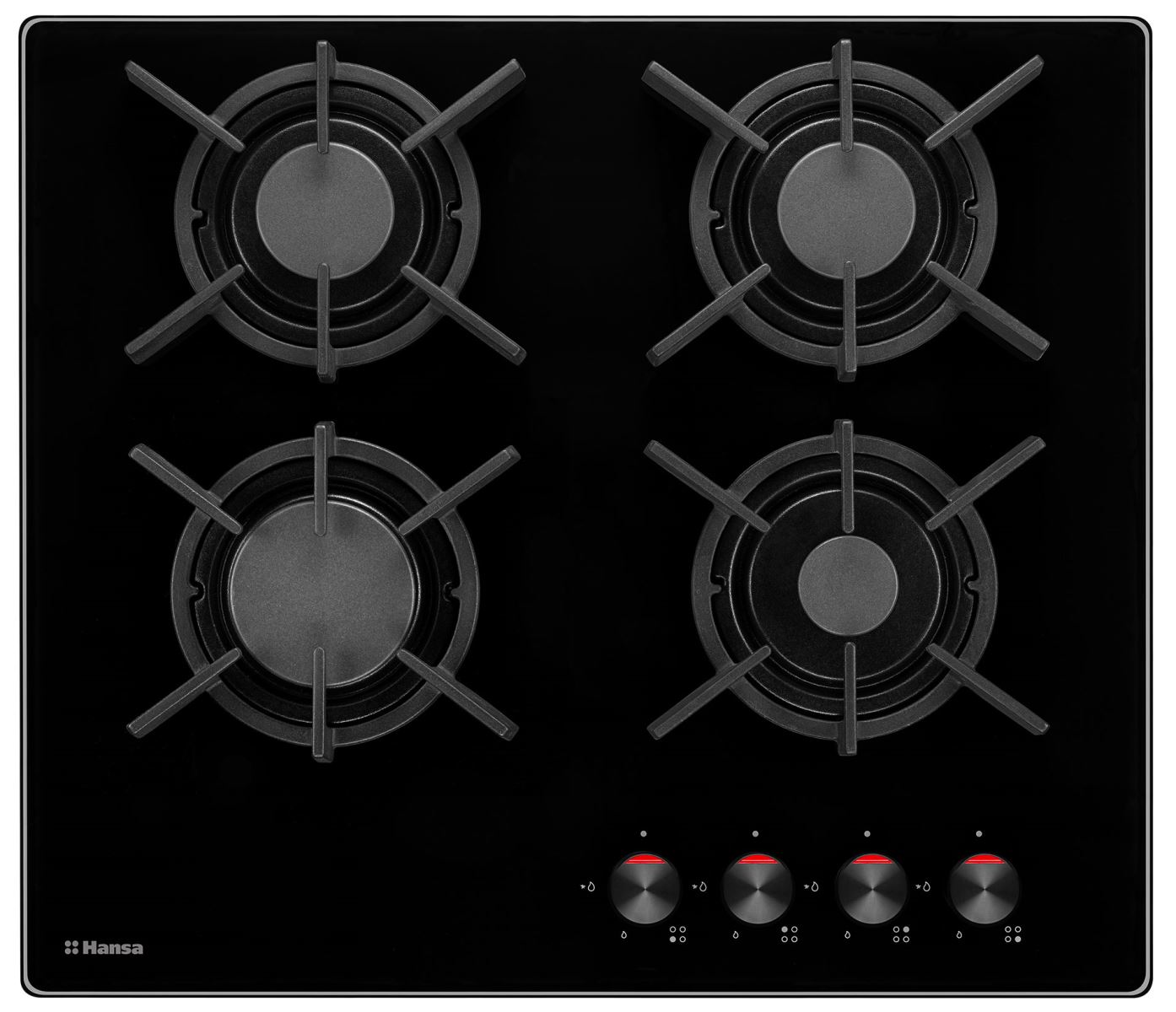 Plita incorporabila Hansa BHKS61038, Gaz, 4 Arzatoare, Aprindere electrica, Suporti fonta, 60 cm, Sticla neagra