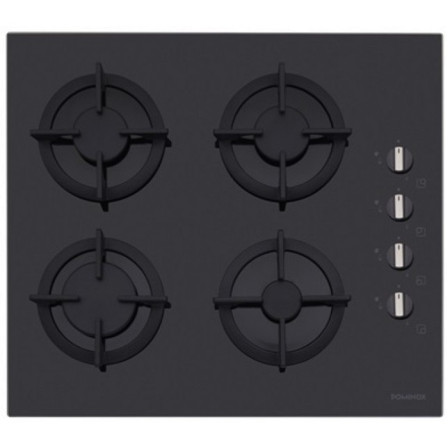 Plita incorporabila Dominox DHG 604 4G BK S C 106.0490.243, 4 arzatoare gaz, 60cm, Aprindere electronica la buton, Valva de siguranta, Arzatoare si gratare fonta, Sticla neagra
