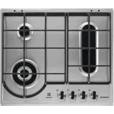 Plita incorporabila Electrolux BridgeBurner EGH6349BOX, 4 Arzatoare gaz, WOK, Aprindere electrica integrata, Gratare de fonta, 60 cm, Inox