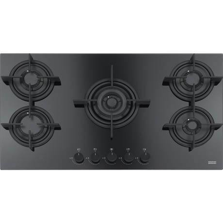 Plita incorporabila Franke Crystal Black FHCR 905 4G TC HE BK C, 5 arzatoare gaz, 88 x 51 cm, Gratare fonta, Sticla neagra