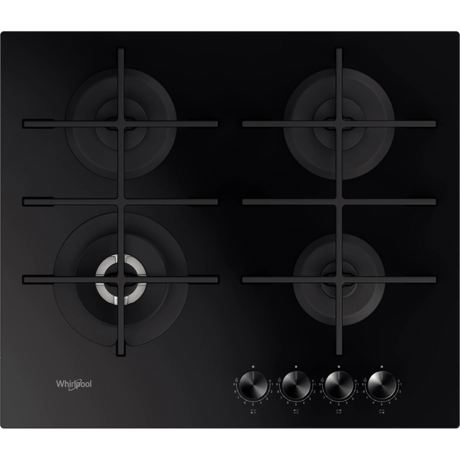 Plita incorporabila Whirlpool GOWL628NBEE, Gaz, 4 arzatoare, Aprindere integrata, Siguranta gaz, Gratare fonta, 59 cm, Negru