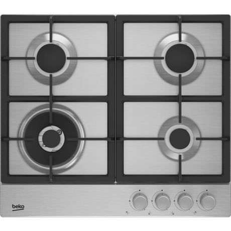 Plita incorporabila Beko HIAW 64225 SX, Gaz, 60 cm, 4 arzatoare, Wok, Gratare din fonta, Aprindere electronica, Inox