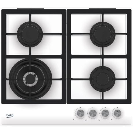 Plita incorporabila Beko HILW64225SW, Gaz, 4 arzatoare, Arzator Wok, Gratar de fonta, Alb