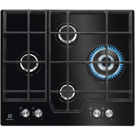 Plita incorporabila Electrolux KGG6456K, Gaz, 4 Arzatoare, WOK, Gratare fonta, 60 cm, Sticla neagra