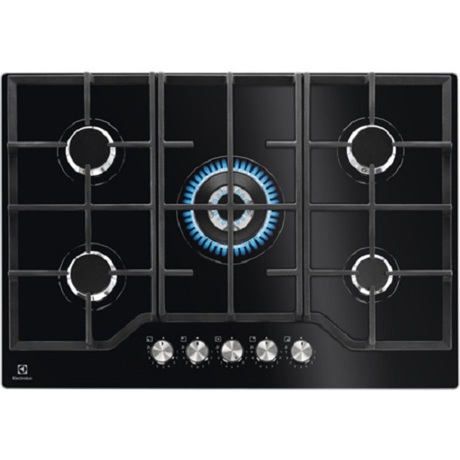 Plita incorporabila Electrolux KGG75362K, Gaz, 5 Arzatoare, WOK, Gratare fonta, 75 cm, Sticla neagra