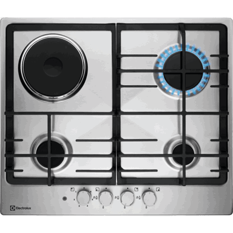 Plita incorporabila Electrolux KGM64311X, Mixta, 3 Arzatoare gaz, 1 zona de gatit electrica, Aprindere electrica, Siguranta gaz, Gratare fonta, 60 cm, Inox