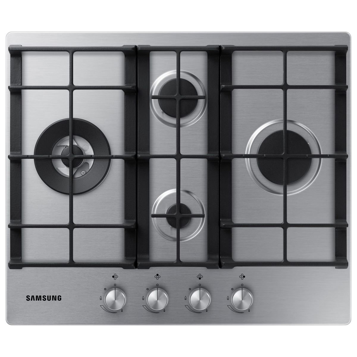 Plita incorporabila Samsung NA64H3041BS, Gaz, 4 arzătoare, Arzător Wok, Sistem de siguranță, Grătare fontă, Lățime 60 cm, Inox