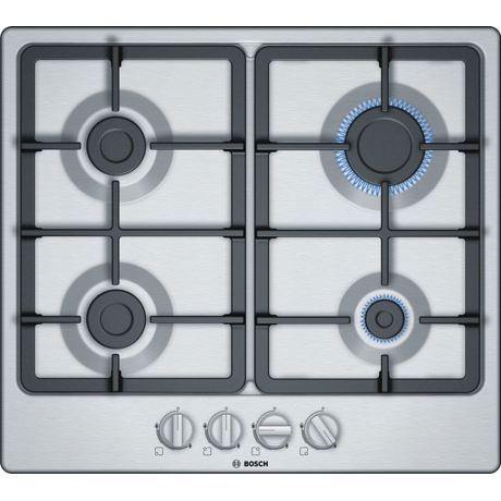 Plită incorporabilă Bosch Serie 4 PGP6B5B90, Gaz, 4 arzătoare, Aprindere la 1 singură mână, Siguranţă flacără, Grătare fontă, 60 cm, Inox 