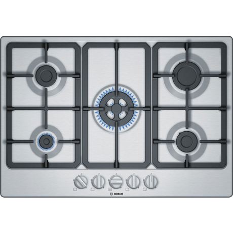 Plită incorporabilă Bosch Serie 4 PGQ7B5B90, Gaz, 5 arzătoare, Aprindere la 1 singură mână, Siguranţă flacără, Arzător Wok, Grătare fontă, 75 cm, Inox