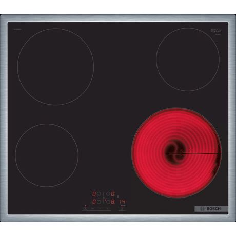 Plita incorporabila Bosch PKE645BB2E, Electrica, 4 zone de gatit, Control TouchSelect, 17 trepte de putere, Blocare acces copii, 60 cm, Negru