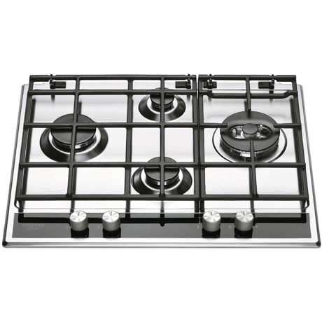 Plita incorporabila Hotpoint Ariston PKLL 641 D2/IX/HA, 4 Arzatoare gaz, 60 cm, Arzator dublu, Gratare fonta, Inox/Sticla neagra