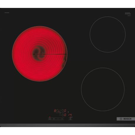 Plita incorporabila Bosch PKM631BB2E, Electrica, 3 zone de gatit, Control Touch, 17 trepte de putere, Blocare acces copii, 60 cm, Vitroceramica, Negru