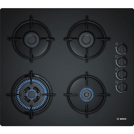 Plita incorporabila Bosch POH6B6B10, 4 Arzatoare gaz, Wok, 60 cm, Sticla neagra