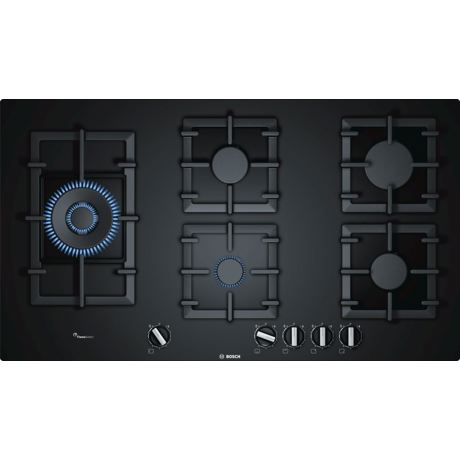 Plită incorporabilă Bosch Serie 6 PPS9A6B90, 90 cm, 5 arzatoare gaz (1 WOK) FlameSelect, Suporturi din fonta, Sticlă cuarț termorezistentă securizată, negru