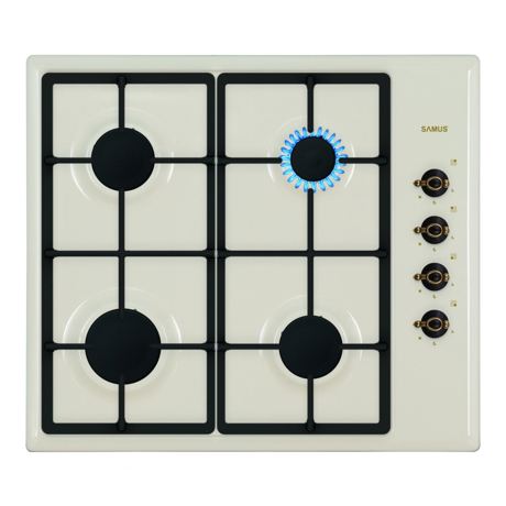 Plita incorporabila Samus PS650VS, Gaz, 4 arzatoare, Aprindere electrica, Gratare fonta, Siguranta arzatoare, Butoane design vintage, 58 cm, Culoare bej
