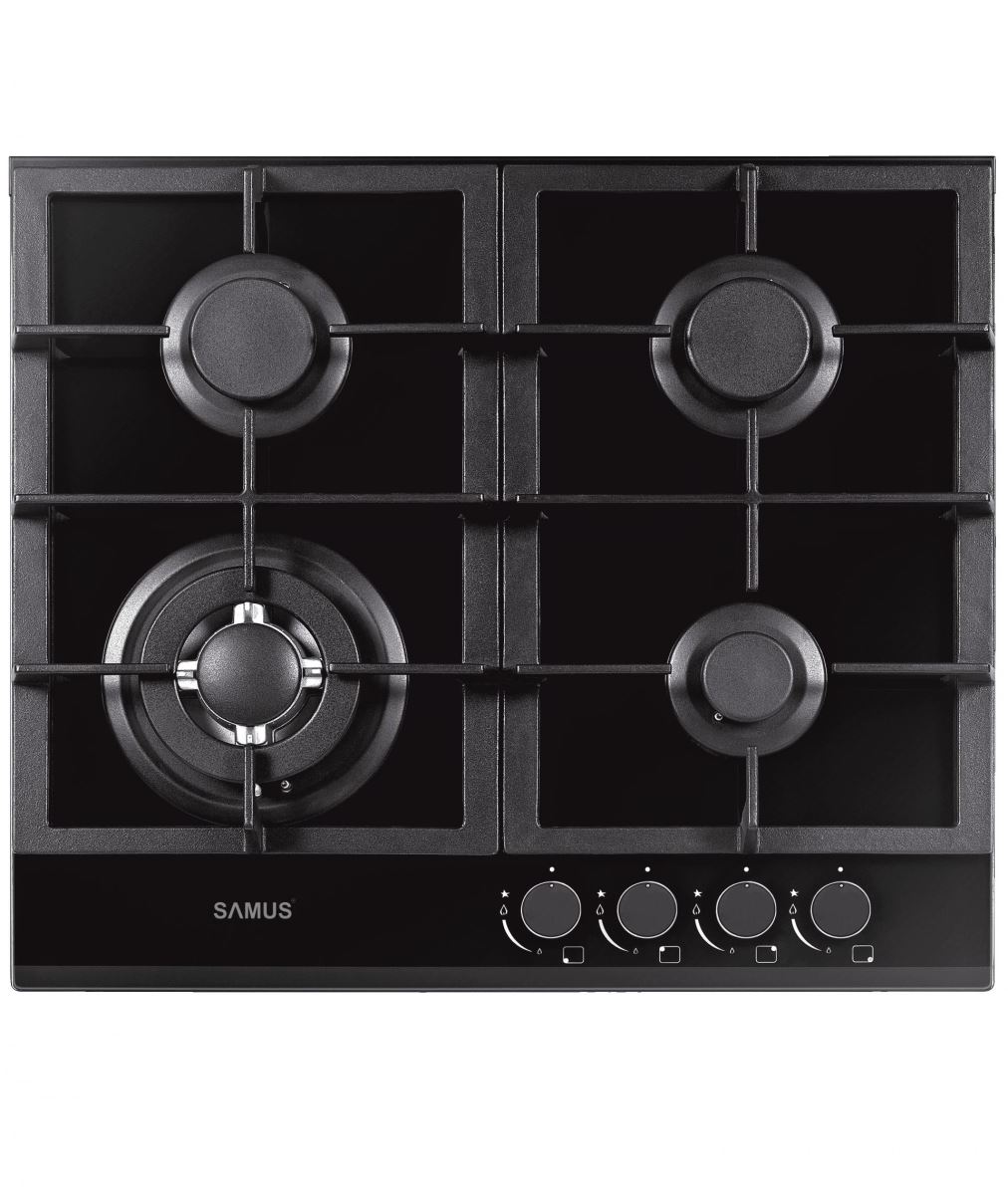 Plita incorporabila Samus PSG-64SG1, Gaz, 4 arzatoare, Arzator Wok, Gratar fonta, Aprindere electrica, Siguranta arzatoare, 58 cm, Sticla neagra