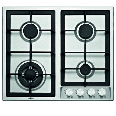 Plita incorporabila Samus PSG-64SX1, Gaz, 4 arzatoare, Arzator Wok, Gratare fonta, Aprindere electrica, Siguranta arzatoare, 58 cm, Inox