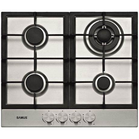 Plita incorporabila Samus PSG-64SX2, Gaz, 4 arzatoare, Arzator Wok, Gratare fonta, Aprindere electrica, Siguranta arzatoare, 58 cm, Inox