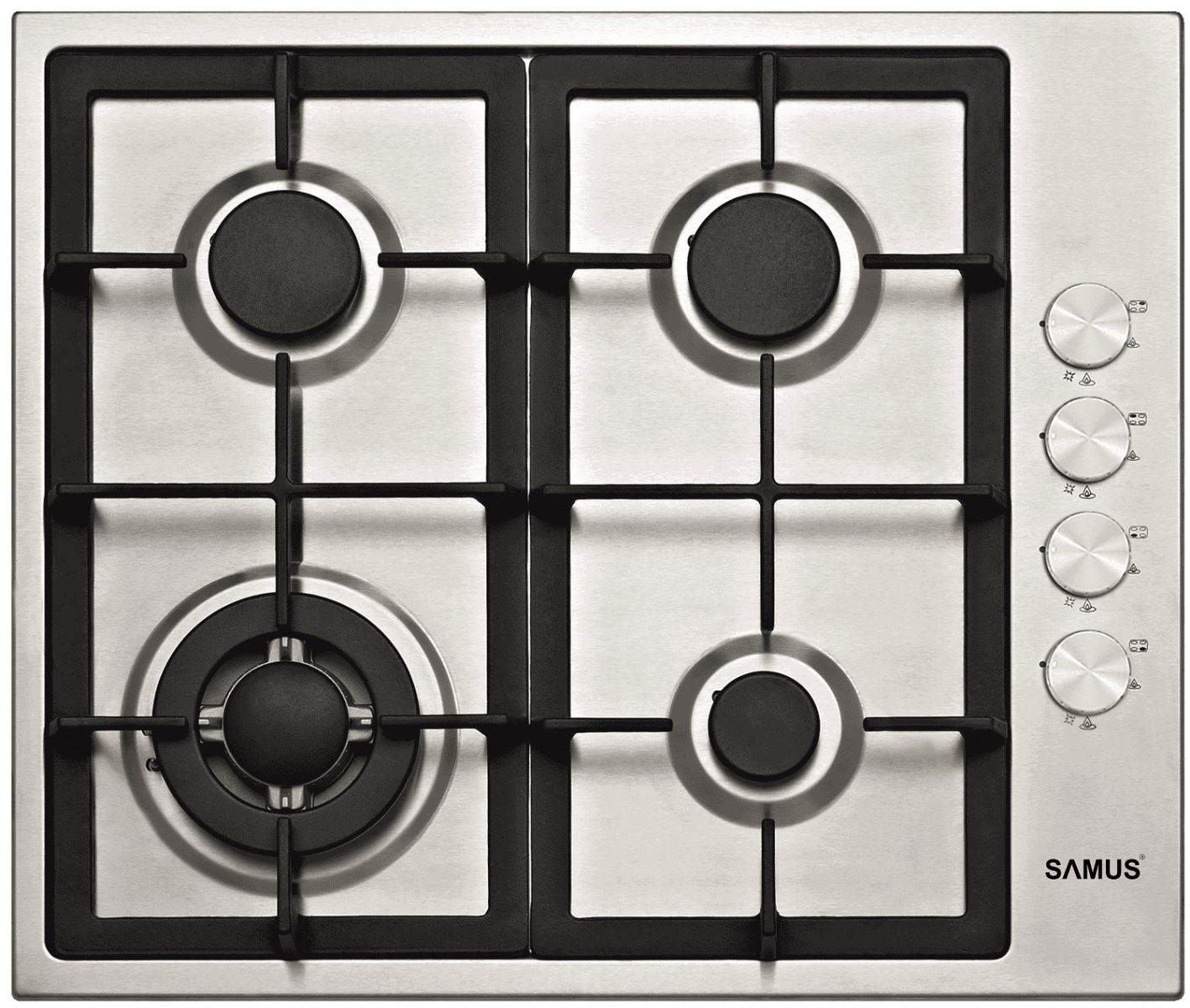 Plita incorporabila Samus PSG-64SX4, Gaz, 4 arzatoare, Arzător WOK, Gratare fonta, Aprindere electrica, Siguranta arzatoare, 58 cm, Inox