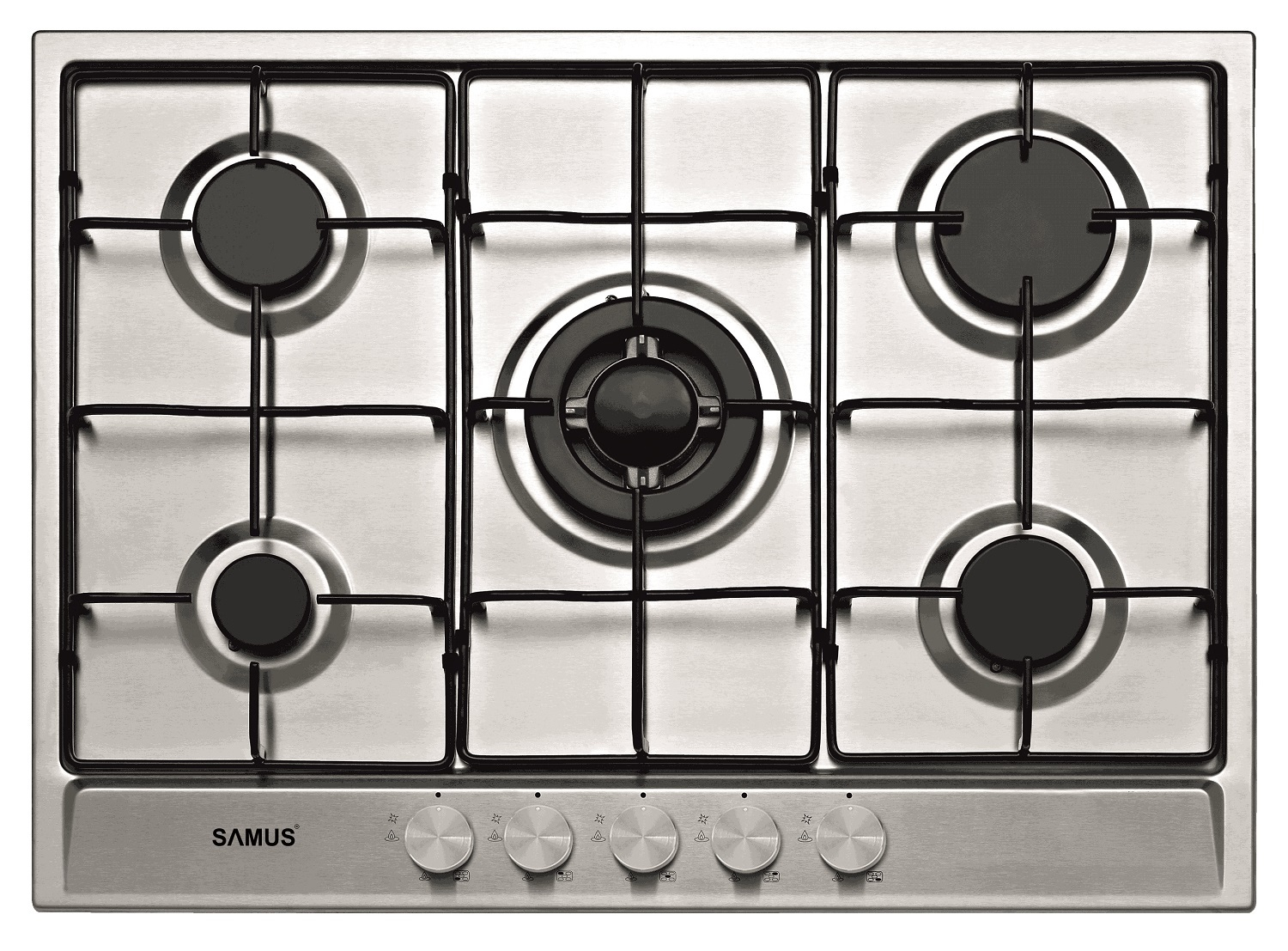 Plita incorporabila Samus PSG-75SX, Gaz, 5 arzatoare, Arzator Wok, Aprindere electrica, Siguranta arzatoare, 68 cm, Inox